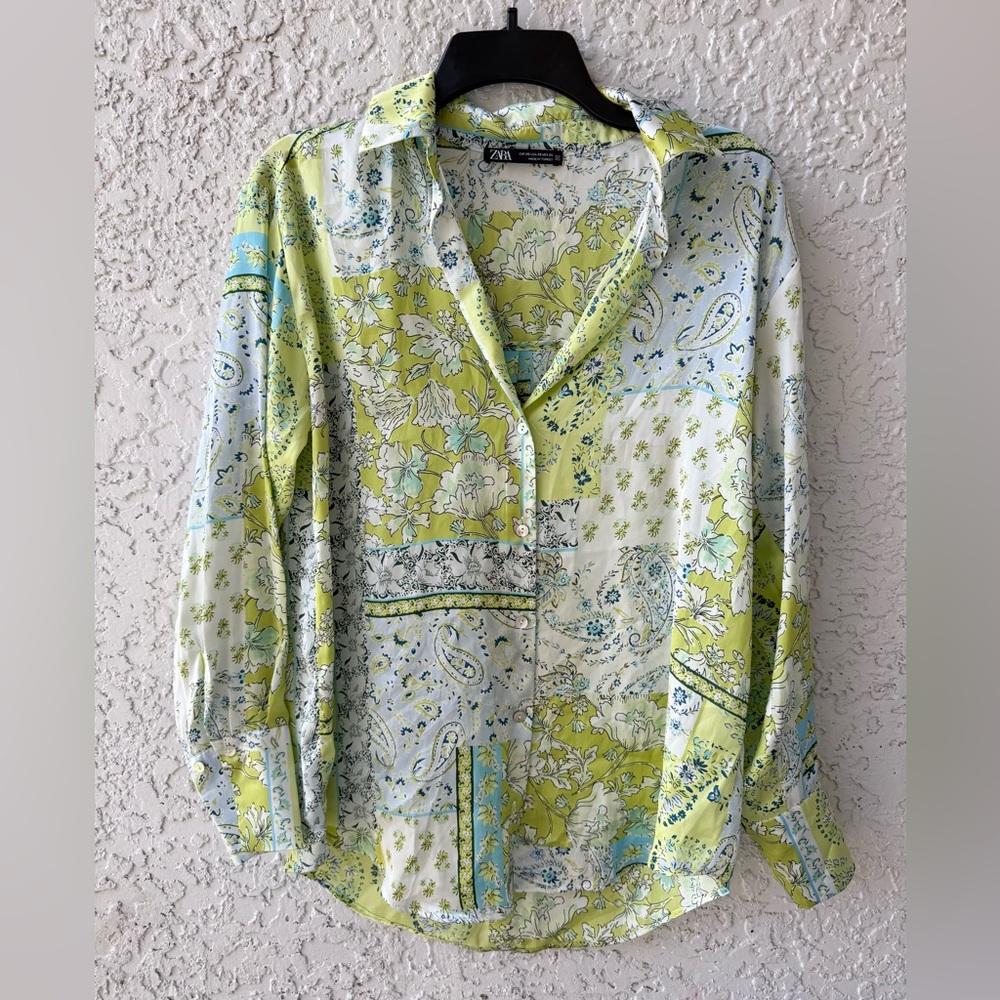Zara Satin Patchwork Paisley Button Shirt blouse XS